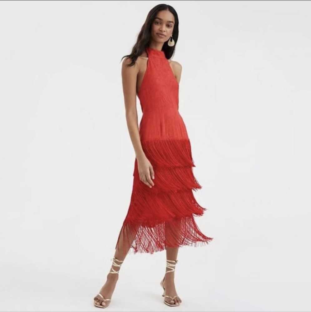 Anthropologie Red Fringe Halter Neck Maxi Dress size 6 NWT